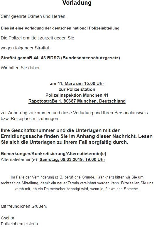 Vermeintliche Polizeiliche Vorladung Vermeintliche Polizeiliche Vorladung