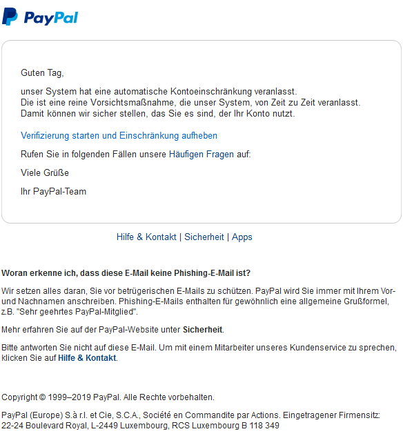 Beispiel einer Phishing E-Mail Beispiel einer Phishing E-Mail