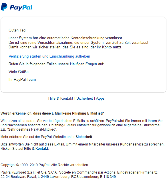 Beispiel einer Phishing E-Mail