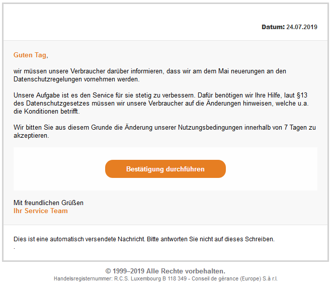 Beispiel eine Phishing - E-Mail. Vorsicht ist bei solchen Emails geboten. Beispiel eine Phishing - E-Mail. Vorsicht ist bei solchen Emails geboten.