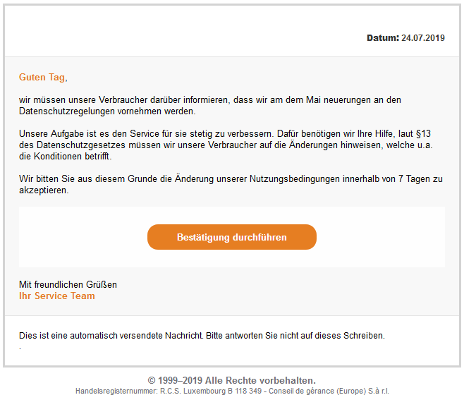 Beispiel eine Phishing - E-Mail. Vorsicht ist bei solchen Emails geboten.