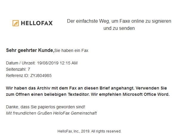 So sieht die Hellofax Spam - E-Mail aus.