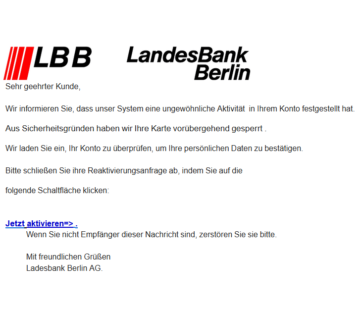 Ausschnitt der versendeten Phishing - E-Mail Ausschnitt der versendeten Phishing - E-Mail