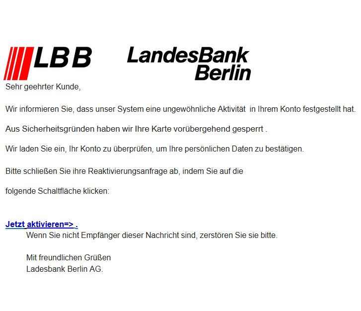 Ausschnitt der versendeten Phishing - E-Mail