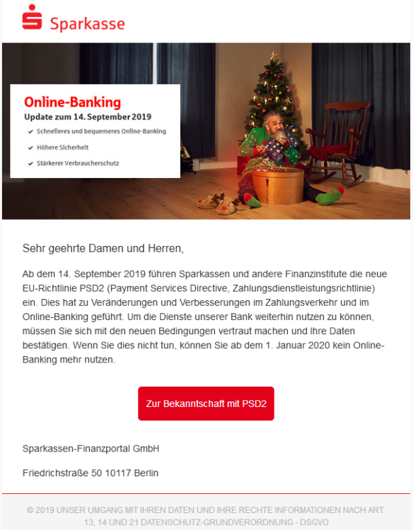 Beispiel einer neuen Phishing- E-Mail. "cutt.ly" ist keine Domain der Sparkasse. Beispiel einer neuen Phishing- E-Mail. "cutt.ly" ist keine Domain der Sparkasse.