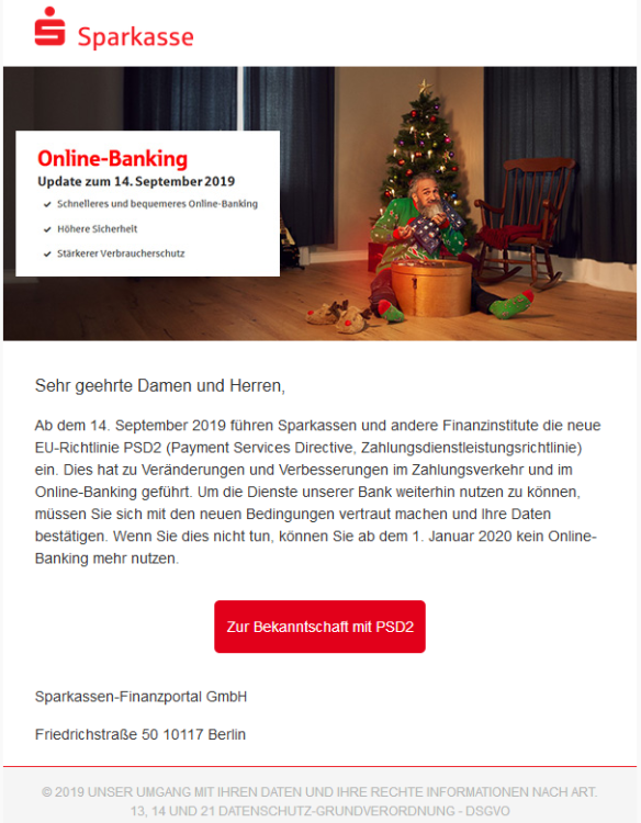 Beispiel einer neuen Phishing- E-Mail. "cutt.ly" ist keine Domain der Sparkasse.