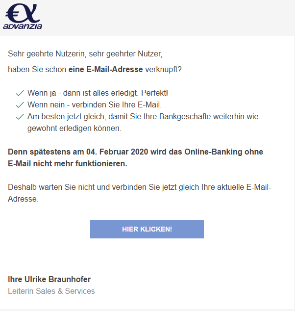 advanzia: Beispiel einer neuen Phishing E-Mail