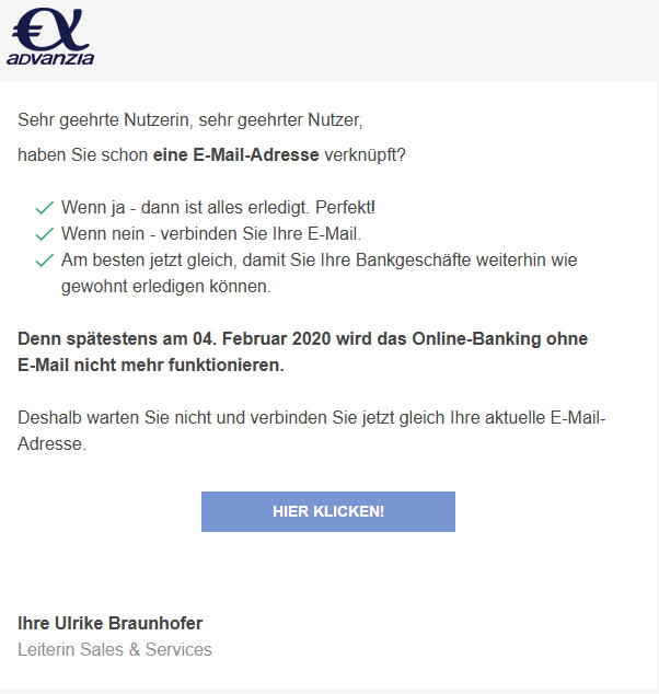 advanzia: Beispiel einer neuen Phishing E-Mail advanzia: Beispiel einer neuen Phishing E-Mail