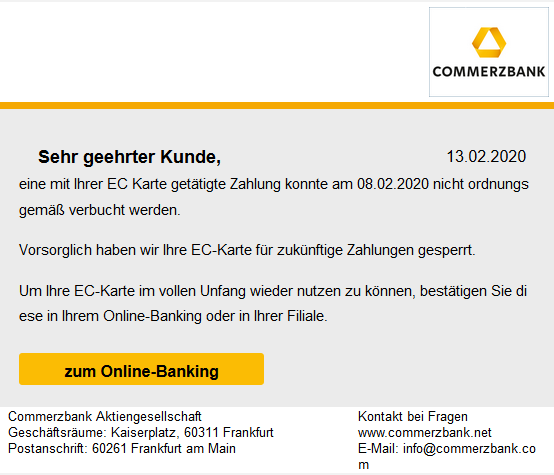 Der Name der Commerzbank wird für Phishing E-Mails missbraucht.