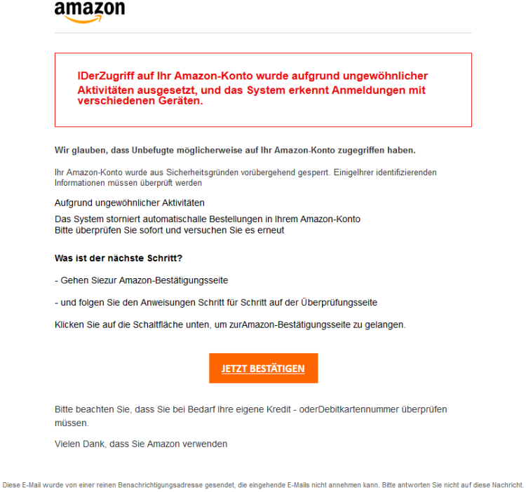 Beispiel einer weiteren Phishing - E-Mail (Eine Amazon E-Mail wird vorgegaukelt)