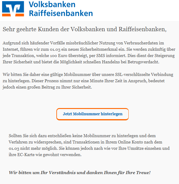Beispiel einer Phishing - E-Mail