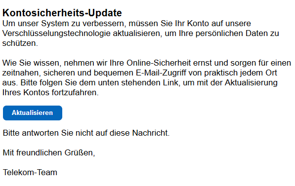 Vermeintliches Sicherheitsupdate ist eine Phishing E-Mail