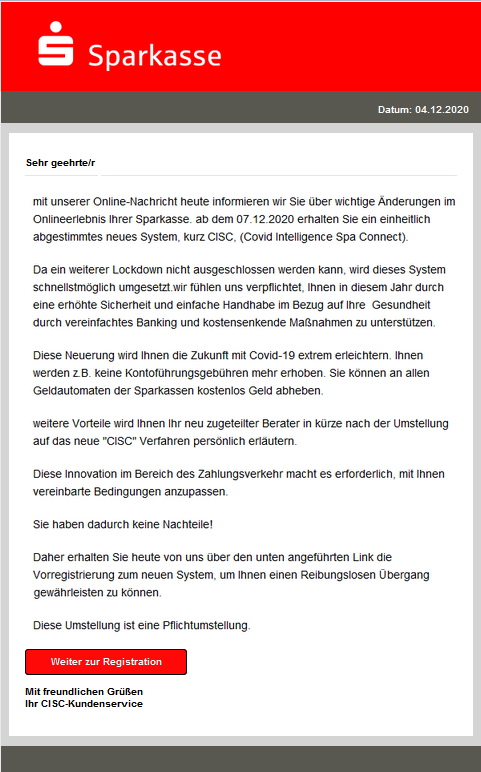Phishing E-Mail: Das neue CISC-System Phishing E-Mail: Das neue CISC-System
