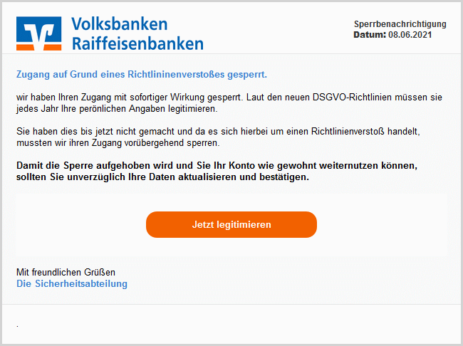 Beispiel einer Phishing - E-Mail