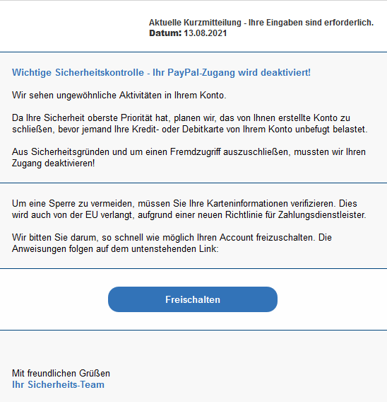 Neues Beispiel einer Phishing - E-Mail