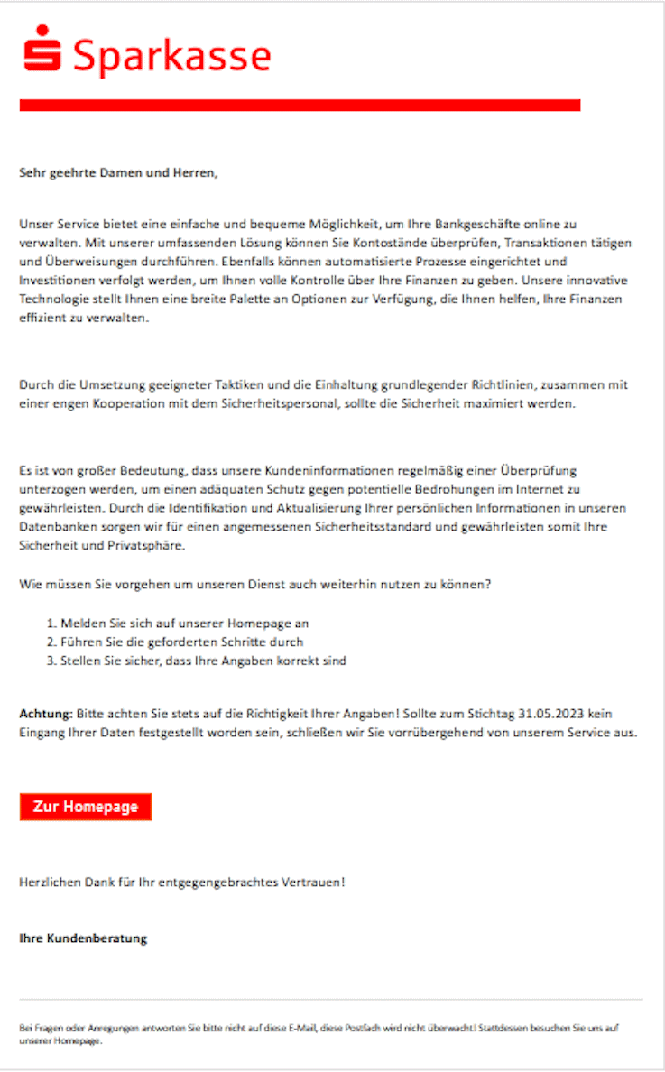 Beispiel einer Phishing E-Mail Beispiel einer Phishing E-Mail